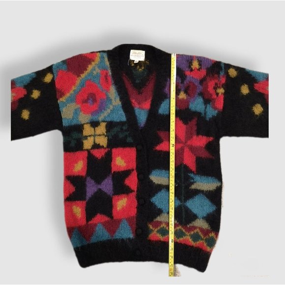 VTG SUSAN BRISTOL MOHAIR BLEND CARDIGAN M WOMAN BUTTON FLORAL BLACK  COZY - Picture 4 of 9